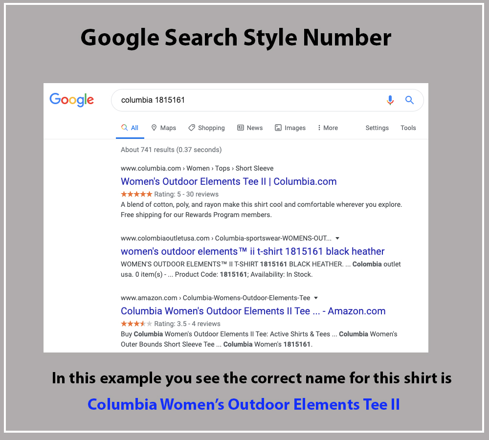 using google to search style number