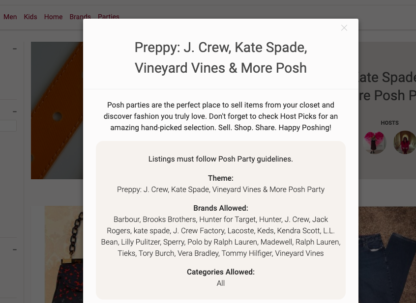 How to see Poshmark party theme and brands allowed